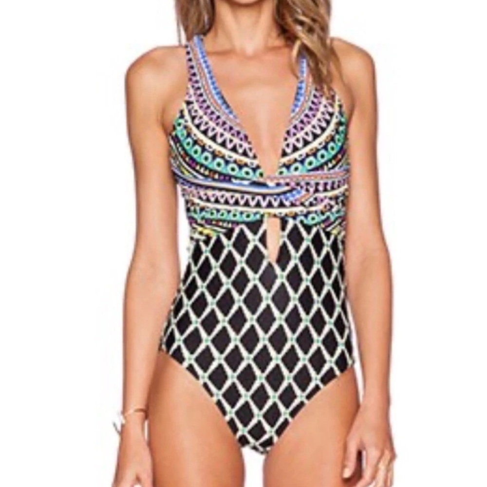 Trina Turk Kon Tiki Pluge Criss Cross One Piece Swimsuit Beach Summer Boho